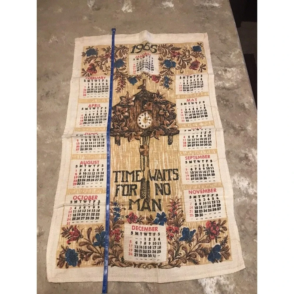 1965 Kitchen Calendar Tea Towel Cuckoo Clock Wall Hanging Granny Core MCM